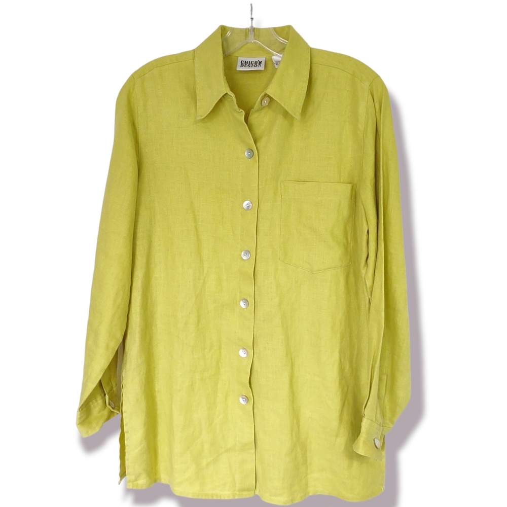 Vintage Classic Chico's S Linen Oversized Green Button Blouse